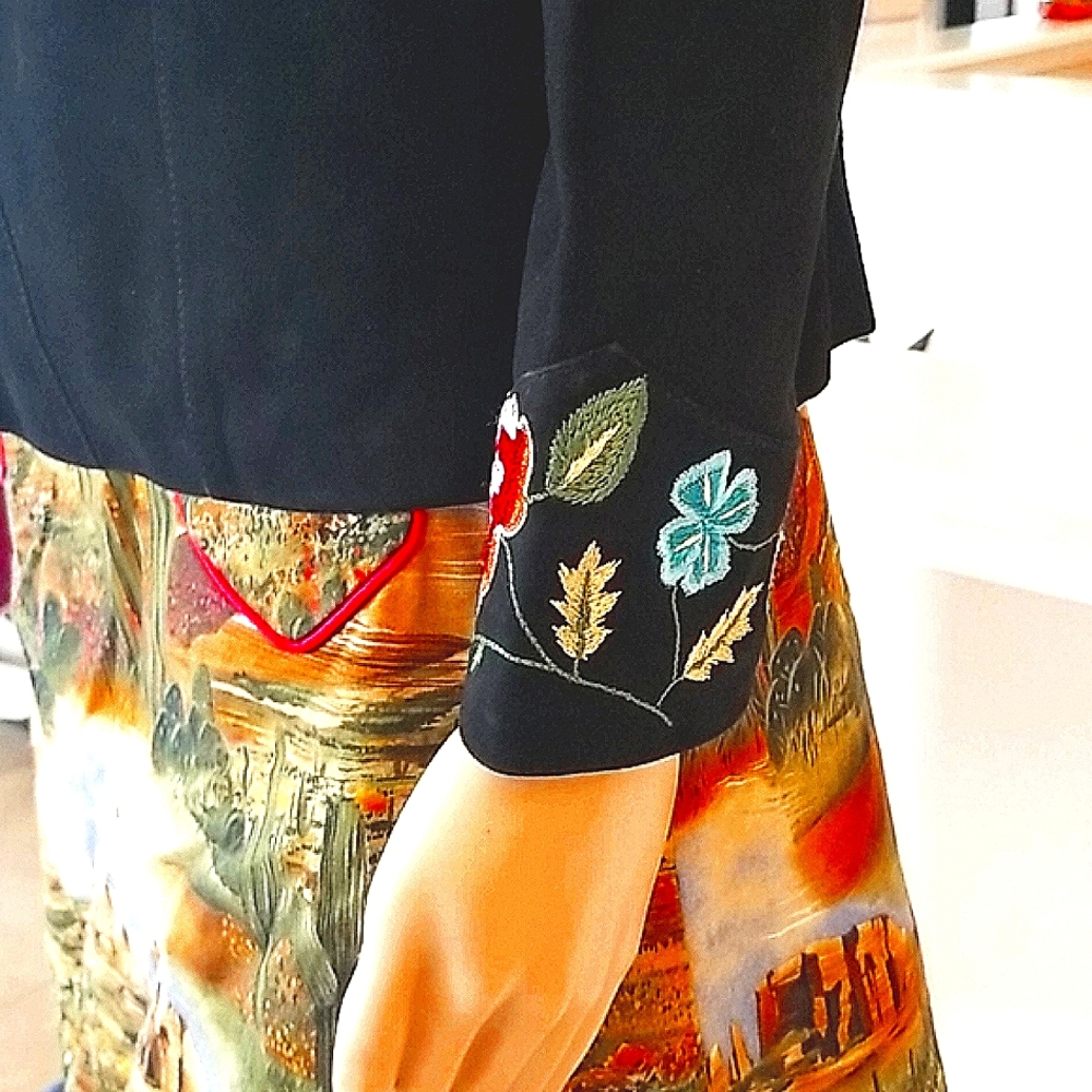 DOUBLE D RANCH DD Black Suede Leather Turq Snaps Floral Embroidery Shirt Blouse - Picture 5 of 10